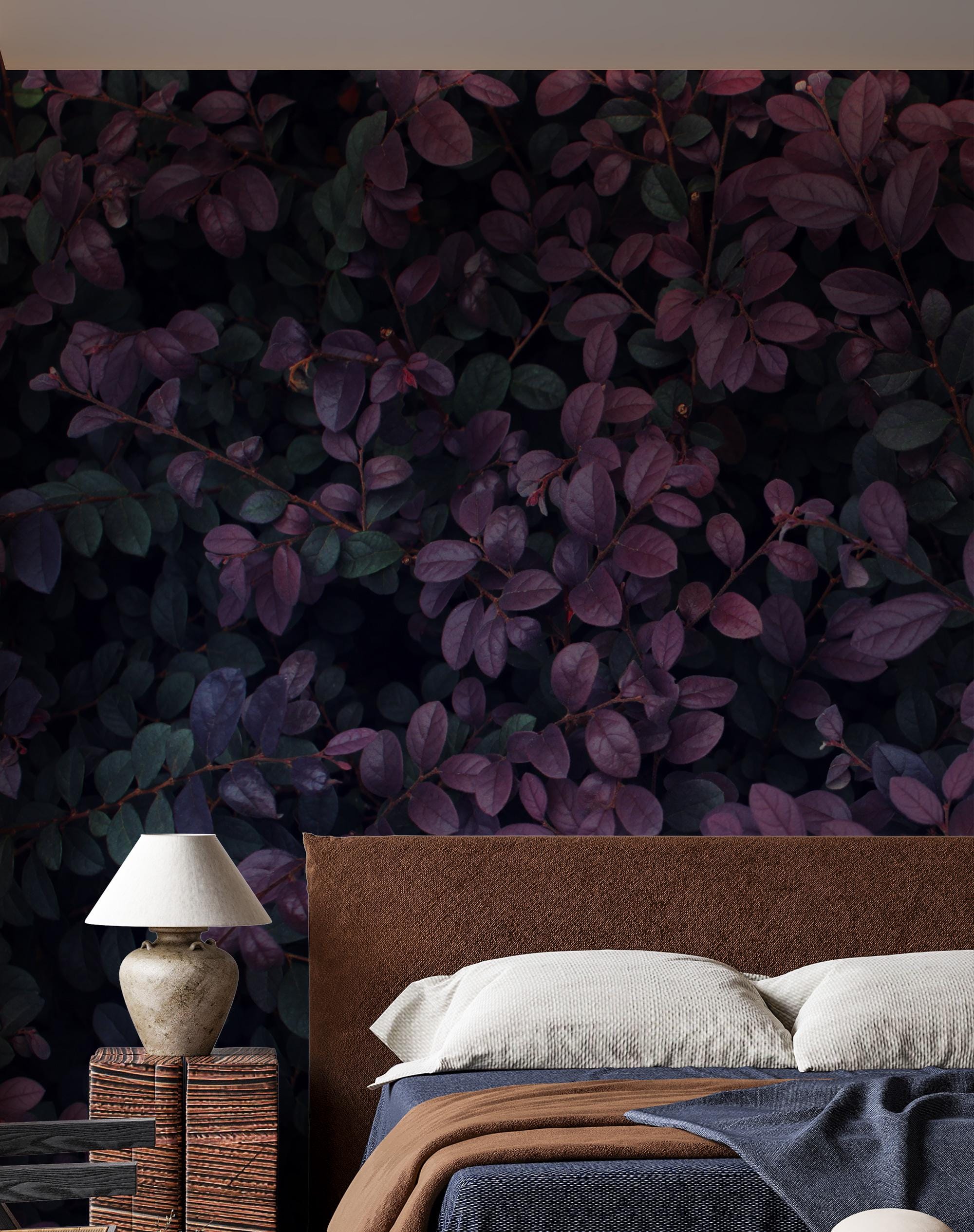 Dark Purple Small Leaf Branches Wallpaper, Removable Wallpaper, Peel &amp; Stick Wallpaper, Floral Wallpaper, Home Decor