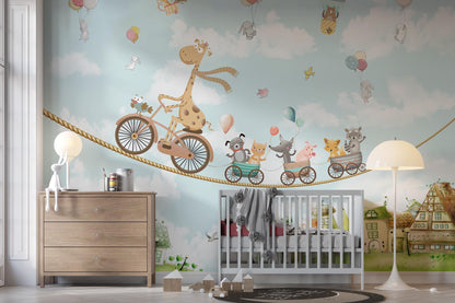 Flying Animals Kids Wallpaper, Giraffe Riding Bike Animals Wall Mural, Peel And Stick, Removable Wallpaper, Hot Air Balloon, Kids Playroom