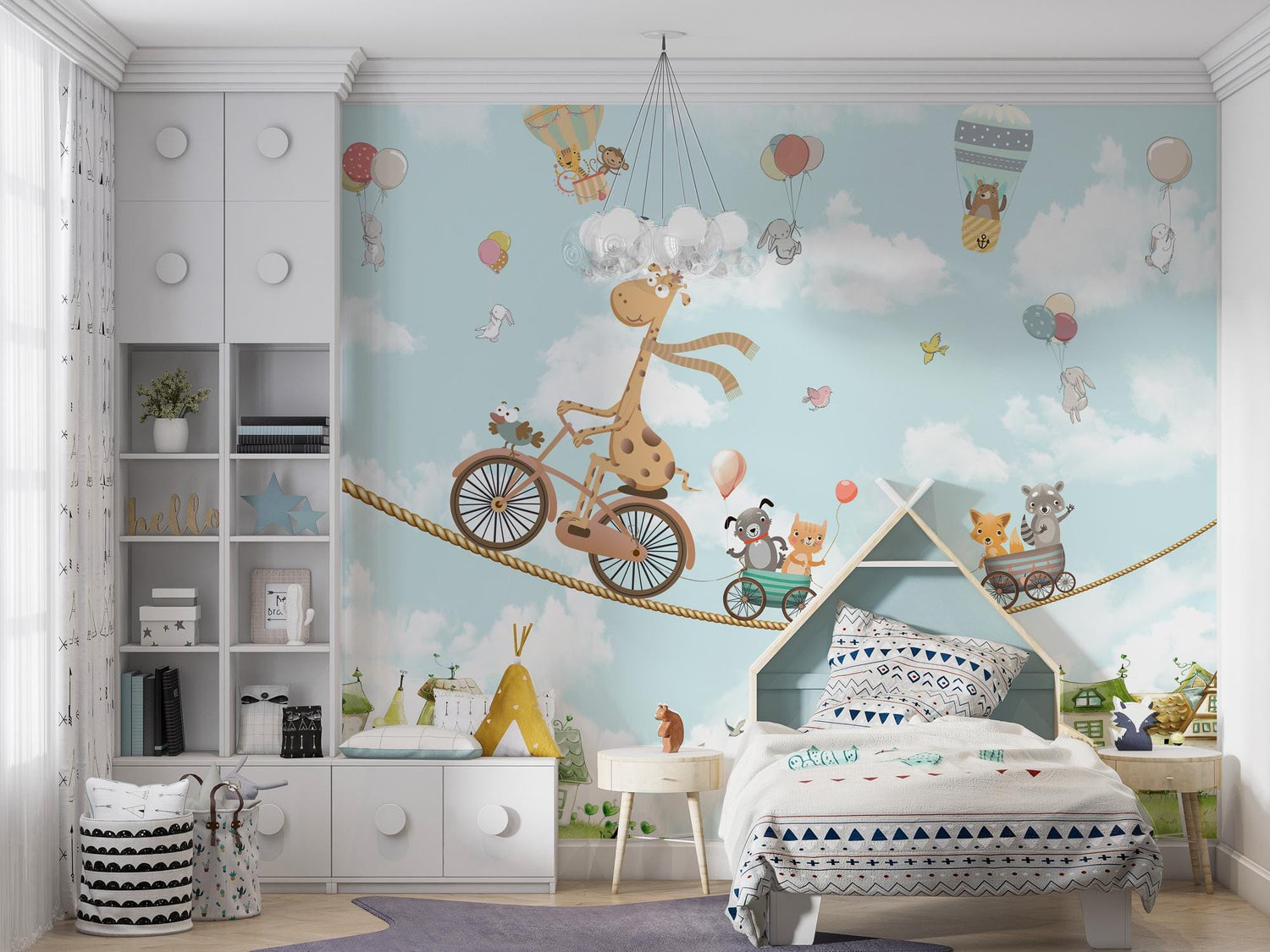 Flying Animals Kids Wallpaper, Giraffe Riding Bike Animals Wall Mural, Peel And Stick, Removable Wallpaper, Hot Air Balloon, Kids Playroom