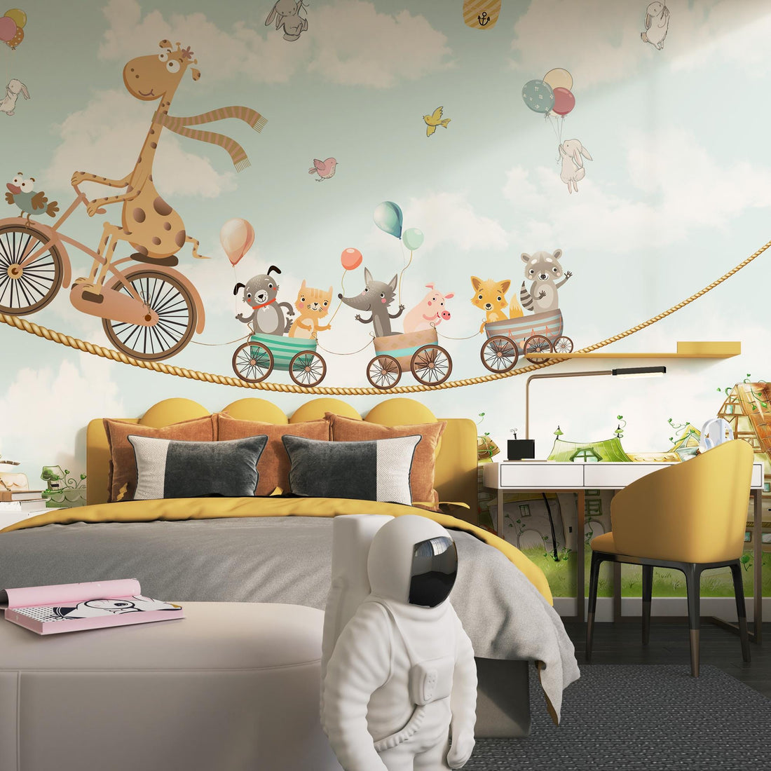 Flying Animals Kids Wallpaper, Giraffe Riding Bike Animals Wall Mural, Peel And Stick, Removable Wallpaper, Hot Air Balloon, Kids Playroom