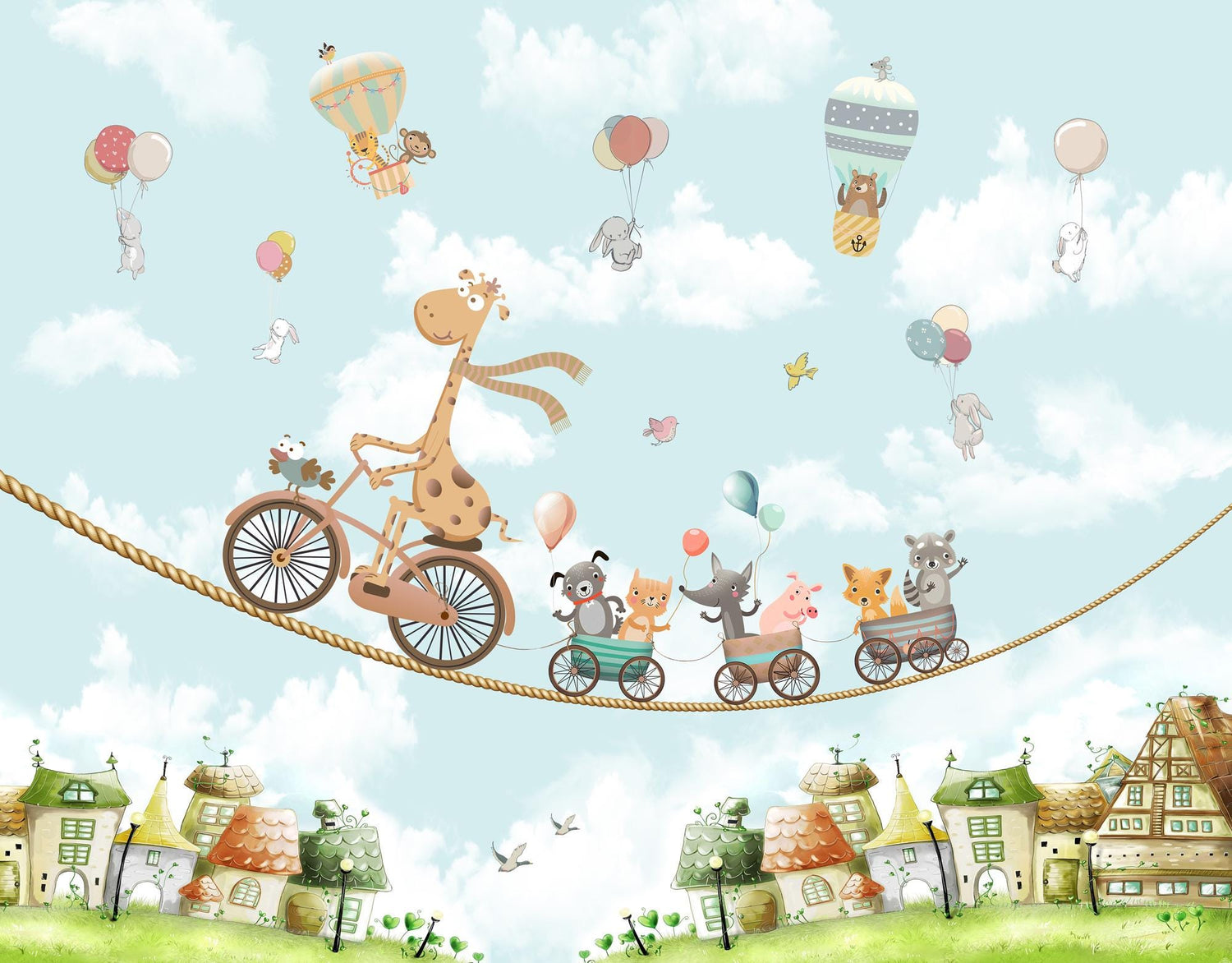 Flying Animals Kids Wallpaper, Giraffe Riding Bike Animals Wall Mural, Peel And Stick, Removable Wallpaper, Hot Air Balloon, Kids Playroom