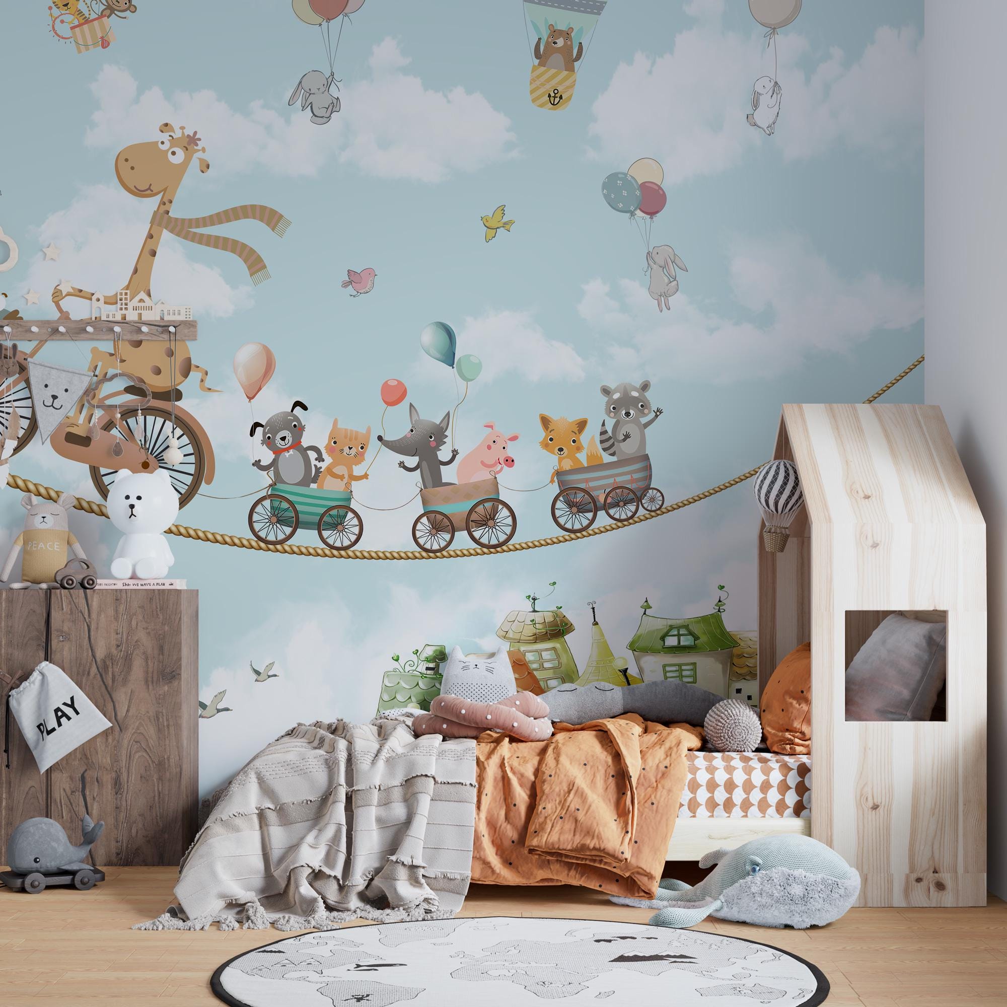 Flying Animals Kids Wallpaper, Giraffe Riding Bike Animals Wall Mural, Peel And Stick, Removable Wallpaper, Hot Air Balloon, Kids Playroom