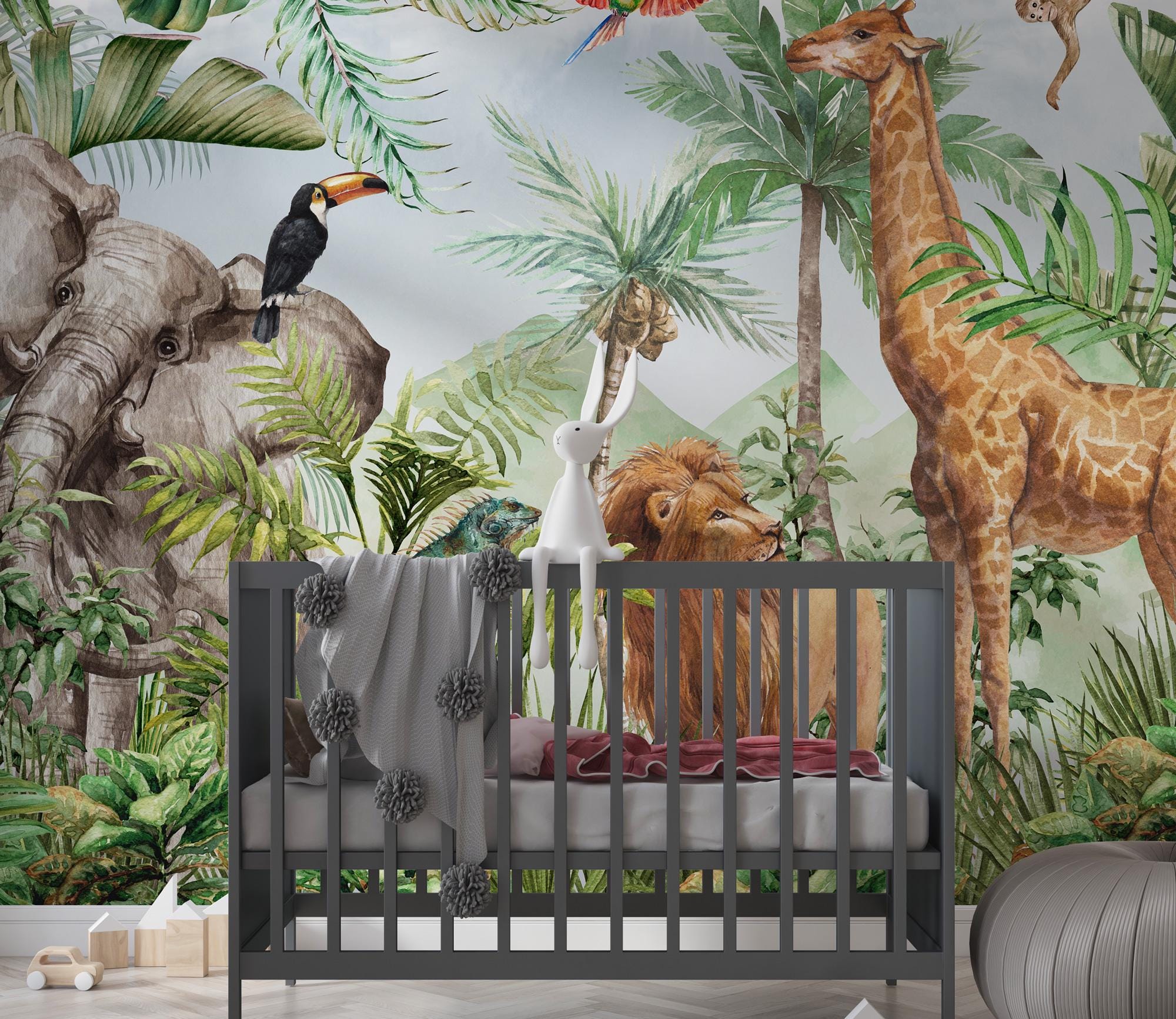 Kids Safari Wallpaper, Peel And Stick, Jungle Animals Wall Mural, Nursery Kids Room Decoration, Children Room Decor, Customized Wallpaper