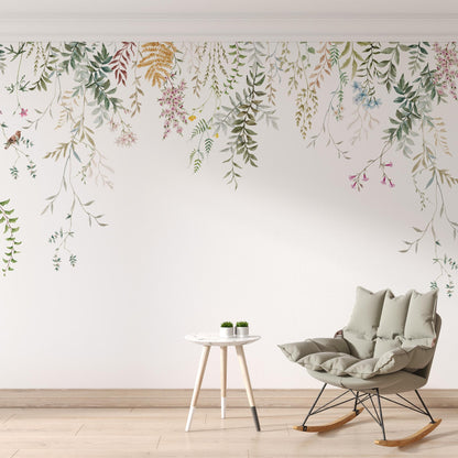 Flowers Hanging From Above Wallpaper, Peel and Stick Mural, Removable Mural, Colorfull Wild Flowers Mural, Flowers and Leaves Wallpaper