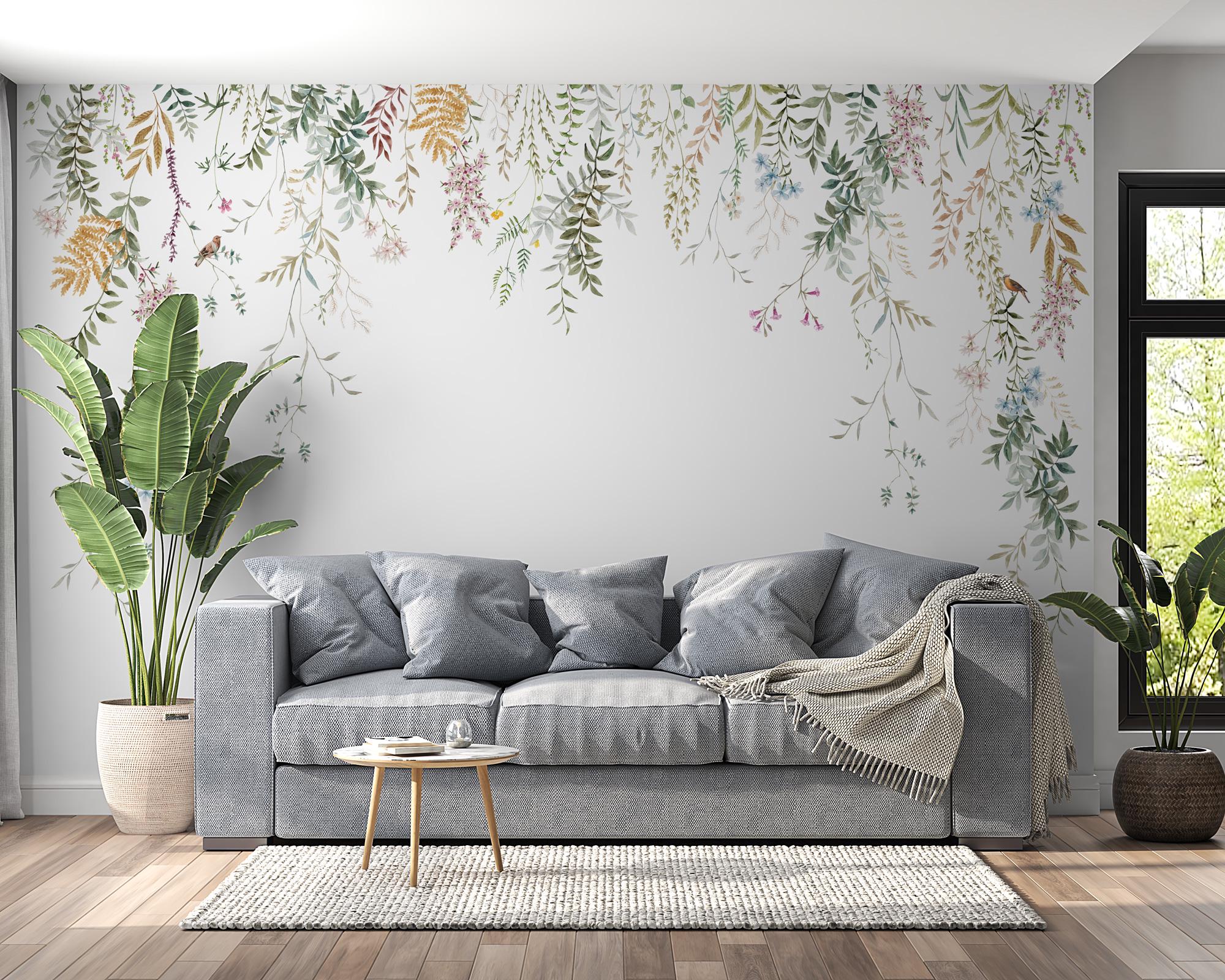 Flowers Hanging From Above Wallpaper, Peel and Stick Mural, Removable Mural, Colorfull Wild Flowers Mural, Flowers and Leaves Wallpaper