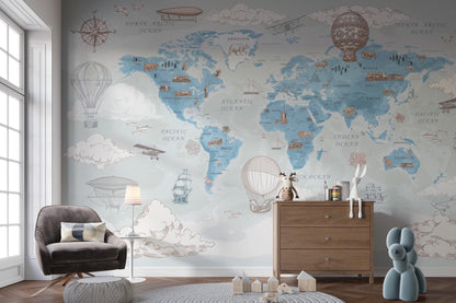 Kids Map Wallpaper, Animals Wall Mural Self Adhesive Removable, World Map Kids Room Wallpaper, Air Balloons, Wall Mural, Nursery Room Decor