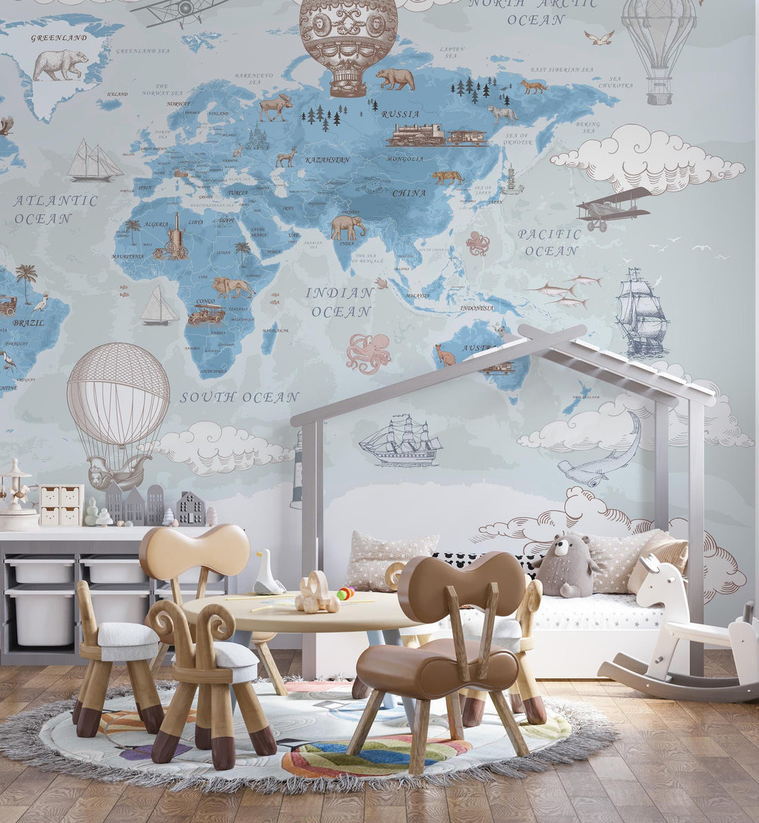 Kids Map Wallpaper, Animals Wall Mural Self Adhesive Removable, World Map Kids Room Wallpaper, Air Balloons, Wall Mural, Nursery Room Decor