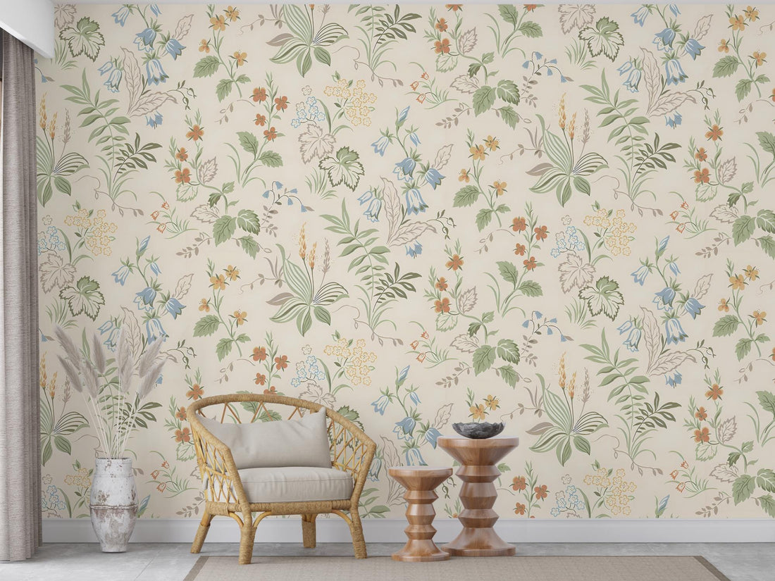 Vintage Colorful Beige Cottagecore Floral Removable Wallpaper, Peel and Stick Wallpaper, Papier Peint Leaf Wall Mural, Home Decor