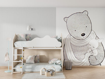 White Bear Kid Room Wallpaper, Striped wallpaper, Nursery Wall Mural, Self Adhesive, Removable, Wall Mural, Kids Room Decor