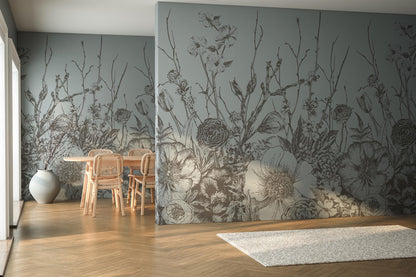 Wildflowers Pencil Drawing Wallpaper, Peel and Stick Mural, Removable Mural, Monochrome Meadow Flowers Wallpaper, Black and White Soft Mural