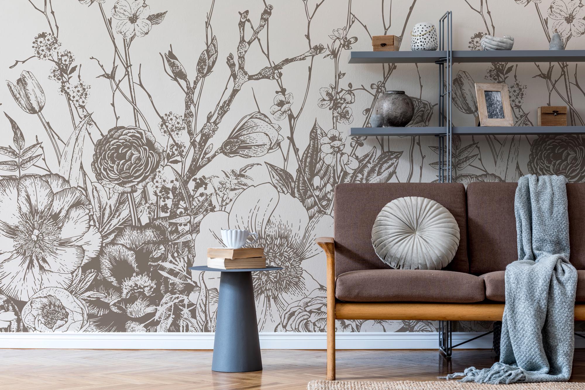 Wildflowers Pencil Drawing Wallpaper, Peel and Stick Mural, Removable Mural, Monochrome Meadow Flowers Wallpaper, Black and White Soft Mural