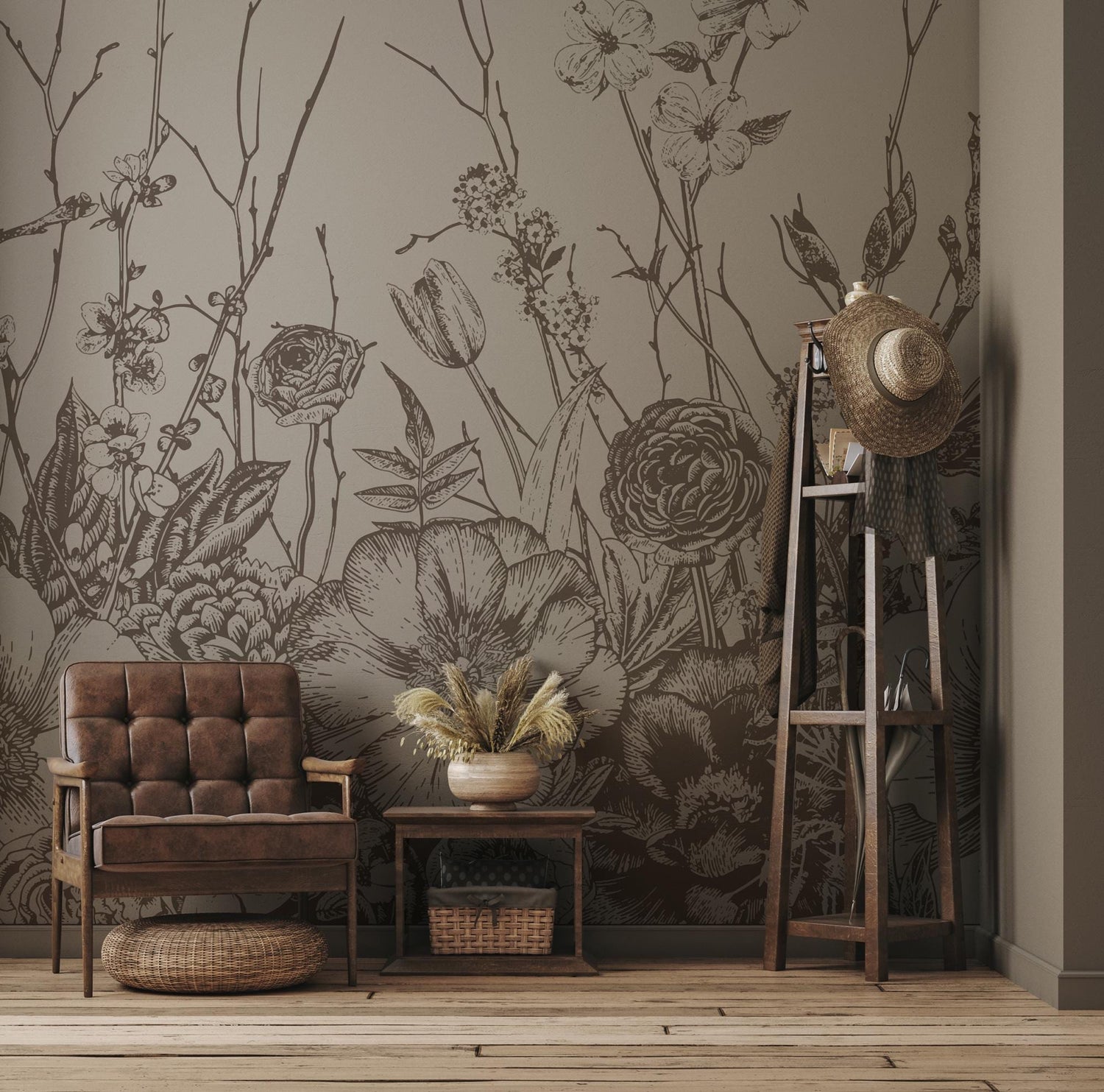 Wildflowers Pencil Drawing Wallpaper, Peel and Stick Mural, Removable Mural, Monochrome Meadow Flowers Wallpaper, Black and White Soft Mural