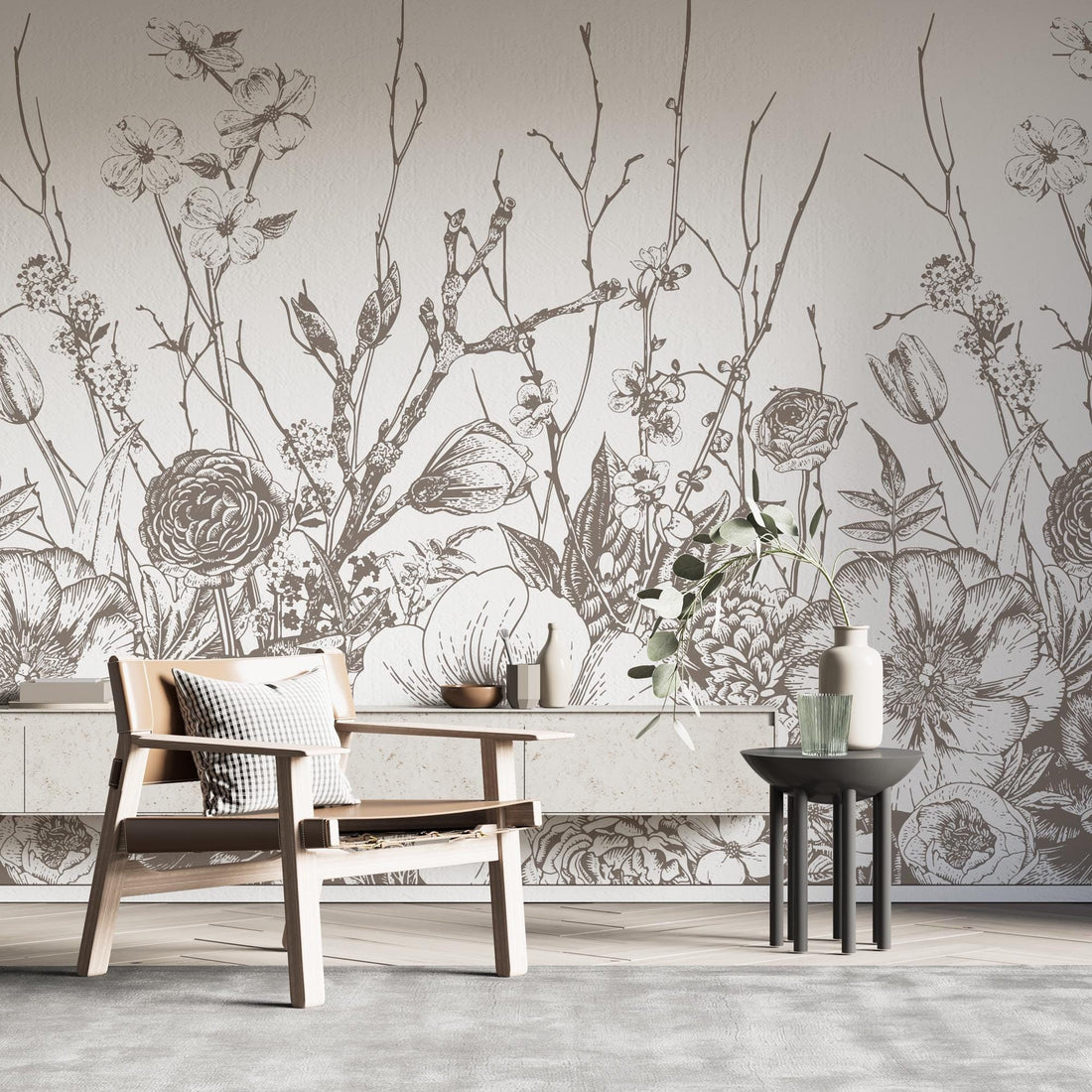 Wildflowers Pencil Drawing Wallpaper, Peel and Stick Mural, Removable Mural, Monochrome Meadow Flowers Wallpaper, Black and White Soft Mural