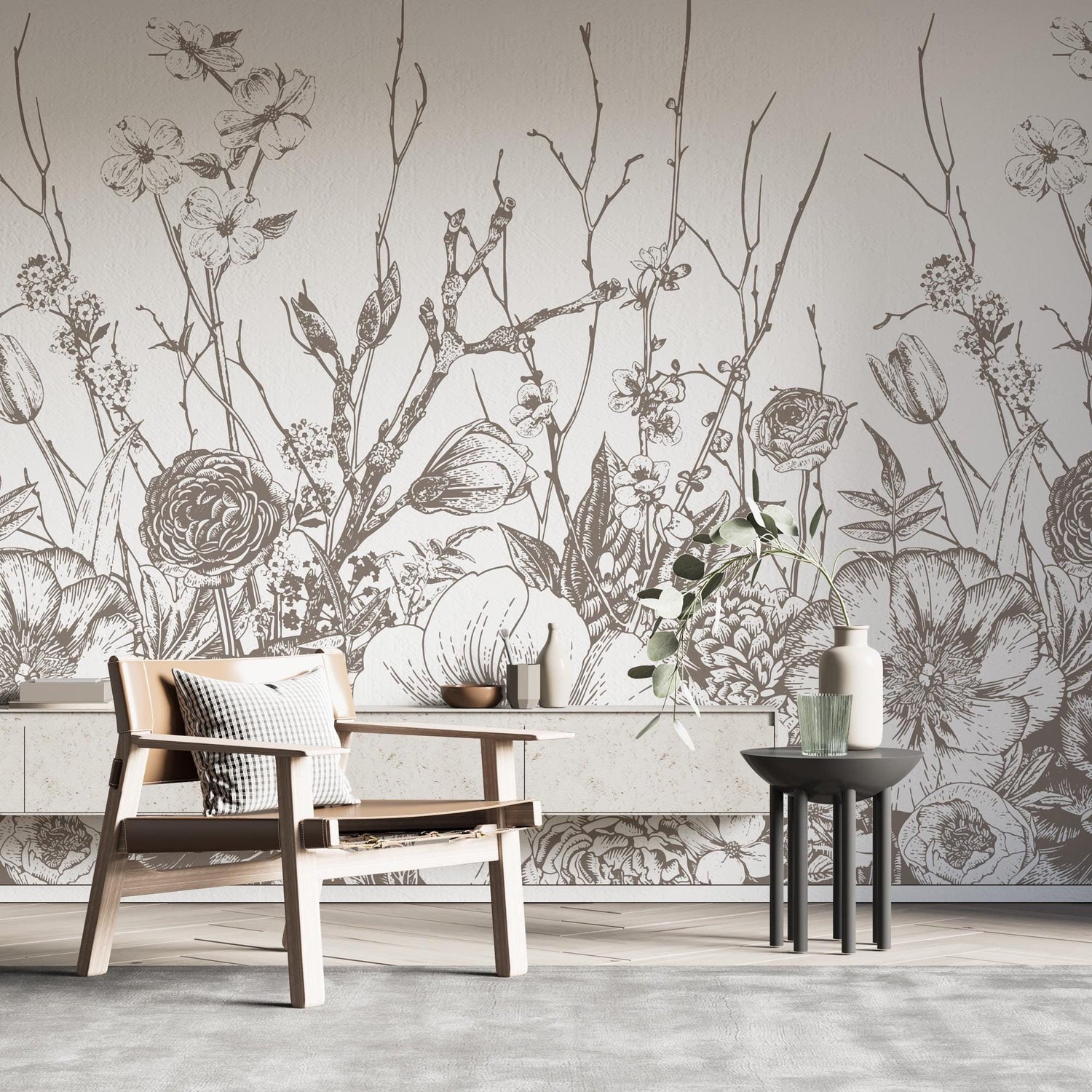 Wildflowers Pencil Drawing Wallpaper, Peel and Stick Mural, Removable Mural, Monochrome Meadow Flowers Wallpaper, Black and White Soft Mural