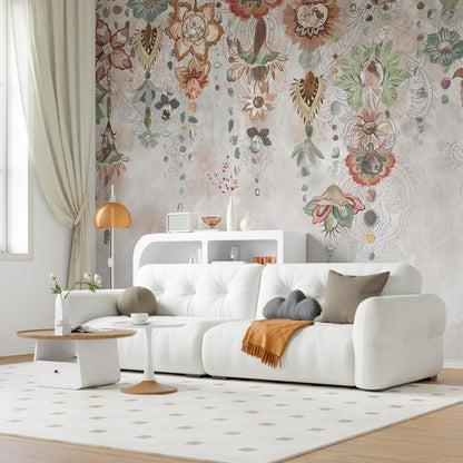 Flowers Hanging From Above Wallpaper, Peel and Stick Mural, Removable Mural, Indian Flowers Wallpaper , Leaves and Spring Flowers Mural