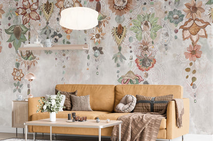 Flowers Hanging From Above Wallpaper, Peel and Stick Mural, Removable Mural, Indian Flowers Wallpaper , Leaves and Spring Flowers Mural