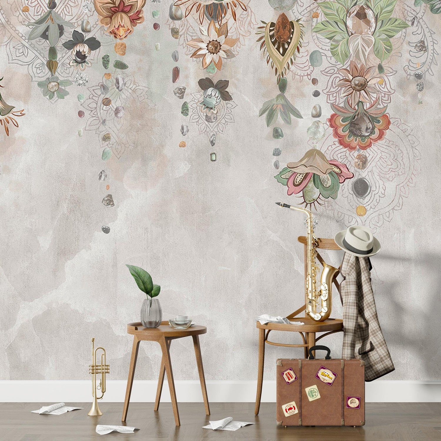 Flowers Hanging From Above Wallpaper, Peel and Stick Mural, Removable Mural, Indian Flowers Wallpaper , Leaves and Spring Flowers Mural