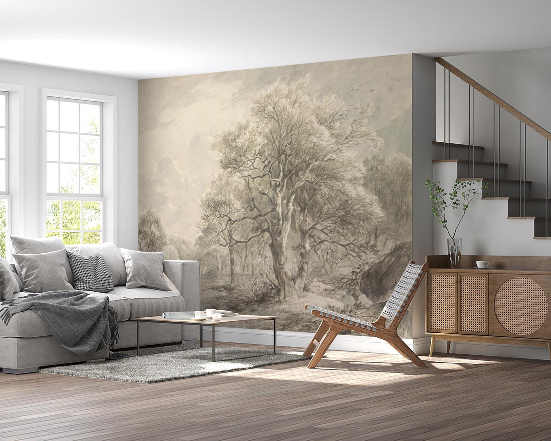 Scenic Wallpaper, Tree Landscape Watercolor, Peel and Stick Wallpaper, Rural Wallpaper, Serene Countryside Wall Mural, Home Decor