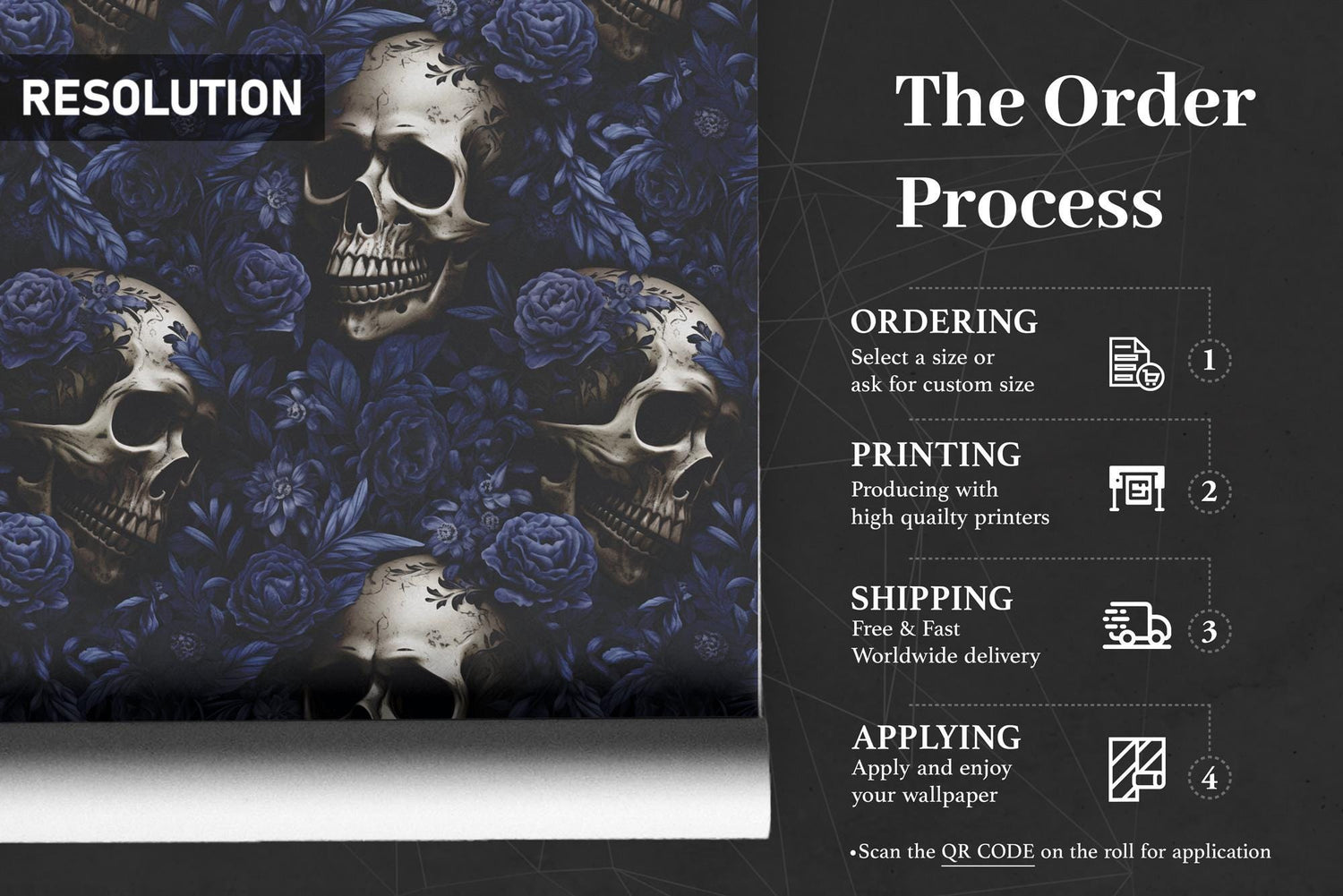 Dark Blue Floral With Skull Wallpaper, Gothic Wallpaper Peel and Stick, Peony Wall Mural, Skull and Flower Wallpaper, Skull Mural