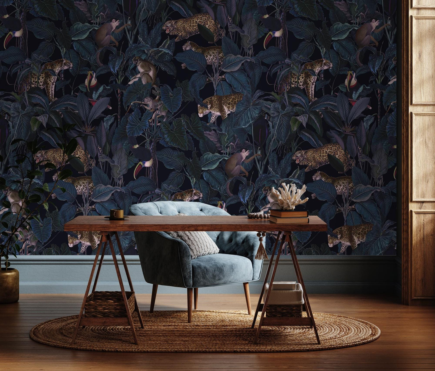 Dark Floral and Leopard Wallpaper, Black Botanical Tropical Wallpaper, Peel and Stick Wallpaper, Exotic Birds and Monkey Wall Mural