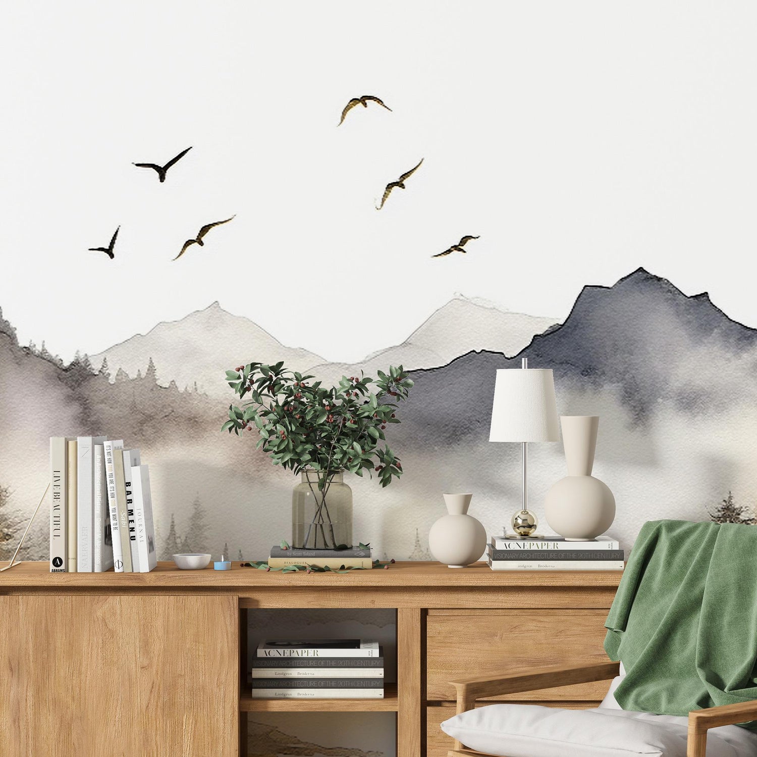 Mountain Landscape Wall Mural, Misty Sky Wallpaper, Bird and Tree Forest Wallpaper, Home Decor, Foggy Forest Wallpaper Peel and Stick