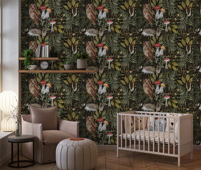 Tropical Plants and Owl Wallpaper, Peel and Stick Mural, Wall Decoration Removable, Mushroom with Owl Wall Mural, Wild Plants Wallpaper