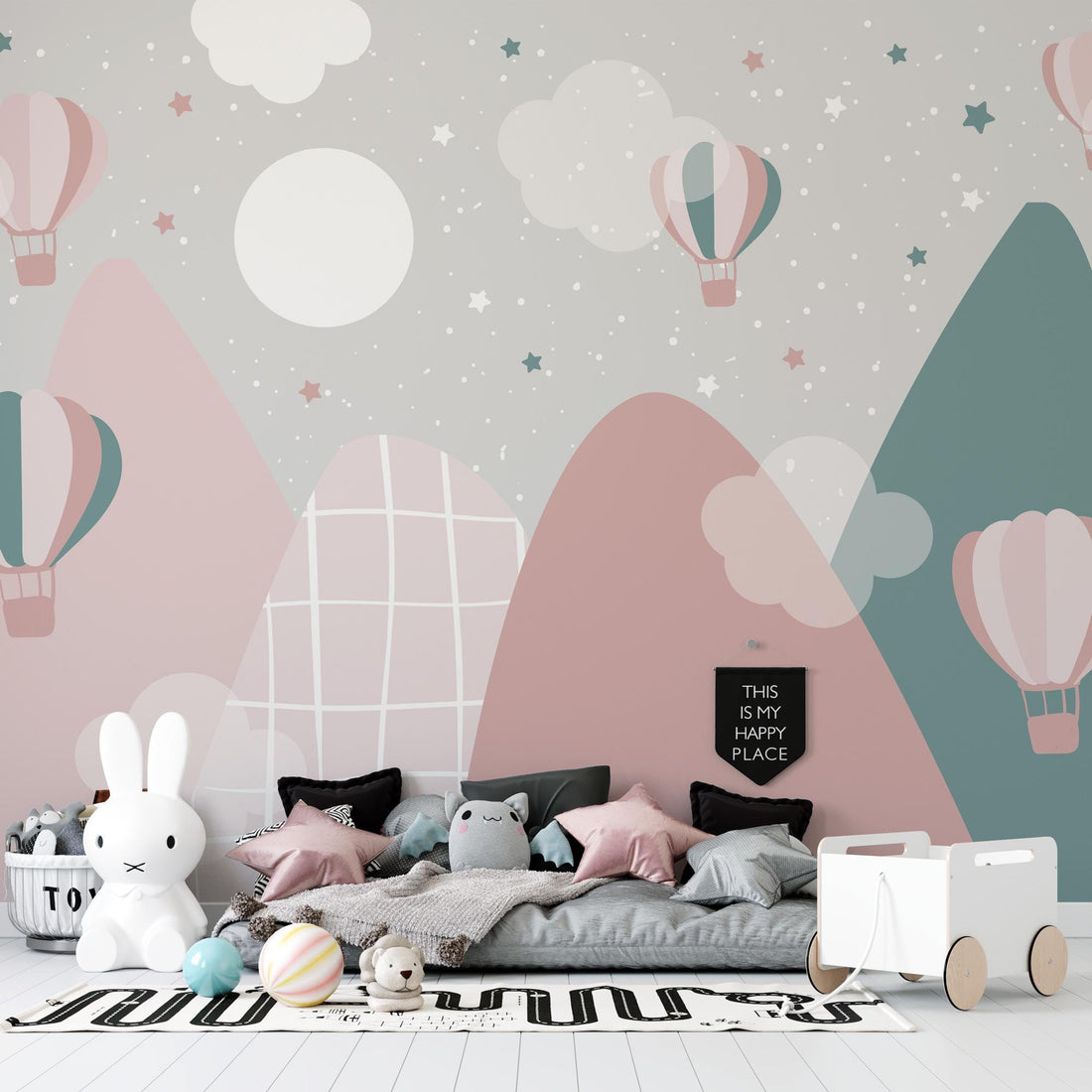 Kids Wallpaper With Mountains, Nursery Room Decor, Balloons, Moon and Star Colorful Mountains Wallpaper, Peel and Stick Wall Mural