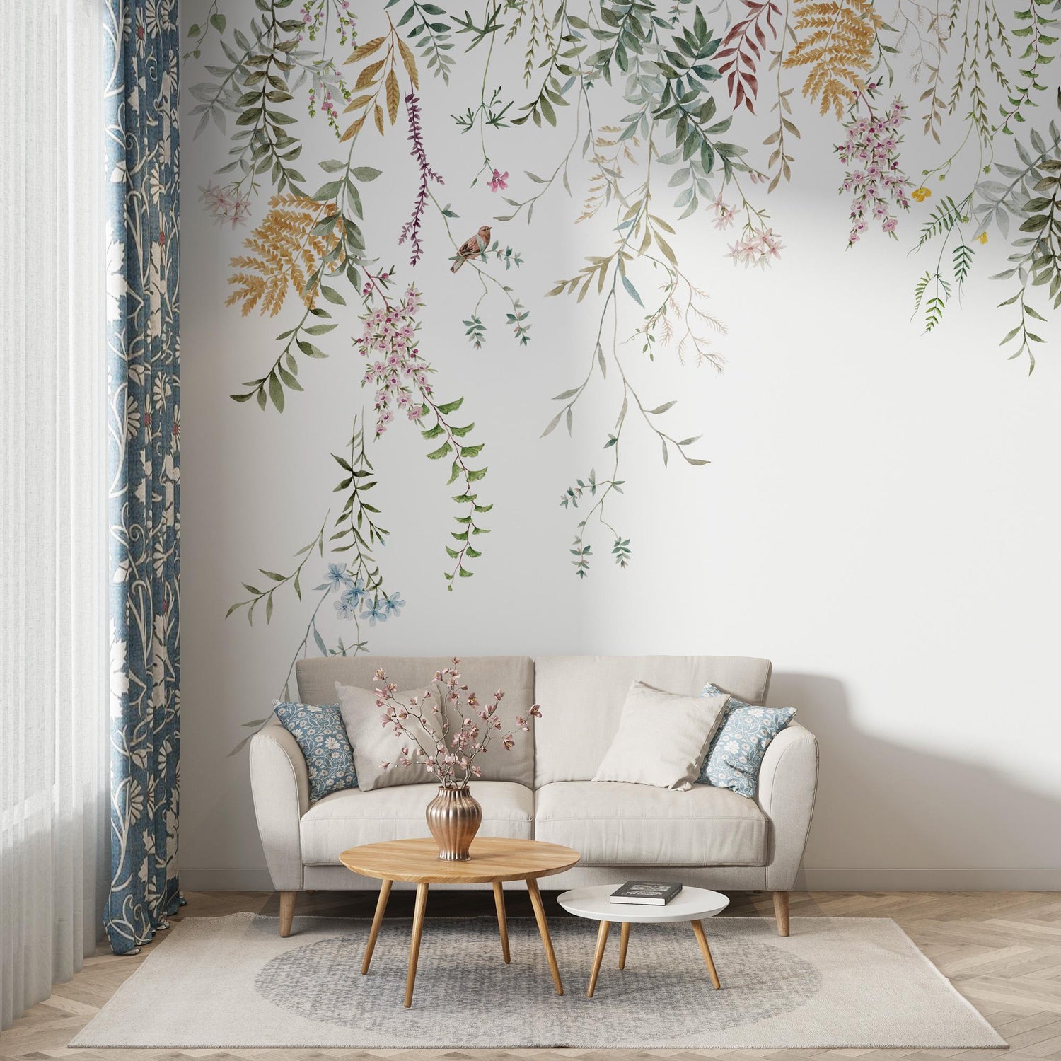 Flowers Hanging From Above Wallpaper, Peel and Stick Mural, Removable Mural, Colorfull Wild Flowers Mural, Flowers and Leaves Wallpaper