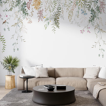 Flowers Hanging From Above Wallpaper, Peel and Stick Mural, Removable Mural, Colorfull Wild Flowers Mural, Flowers and Leaves Wallpaper