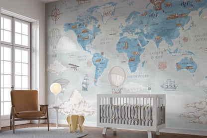 Kids Map Wallpaper, Animals Wall Mural Self Adhesive Removable, World Map Kids Room Wallpaper, Air Balloons, Wall Mural, Nursery Room Decor