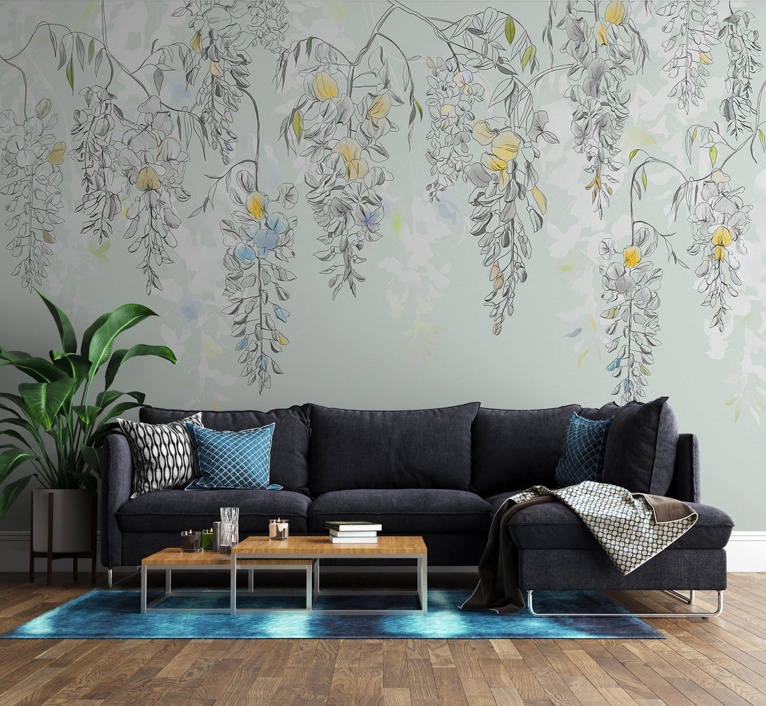 Vintage Floral Wallpaper, Flower Hanging From Above, Removable Peel and Stick Wallpaper, Green Leaf Wall Mural, Home Decor, Living Room