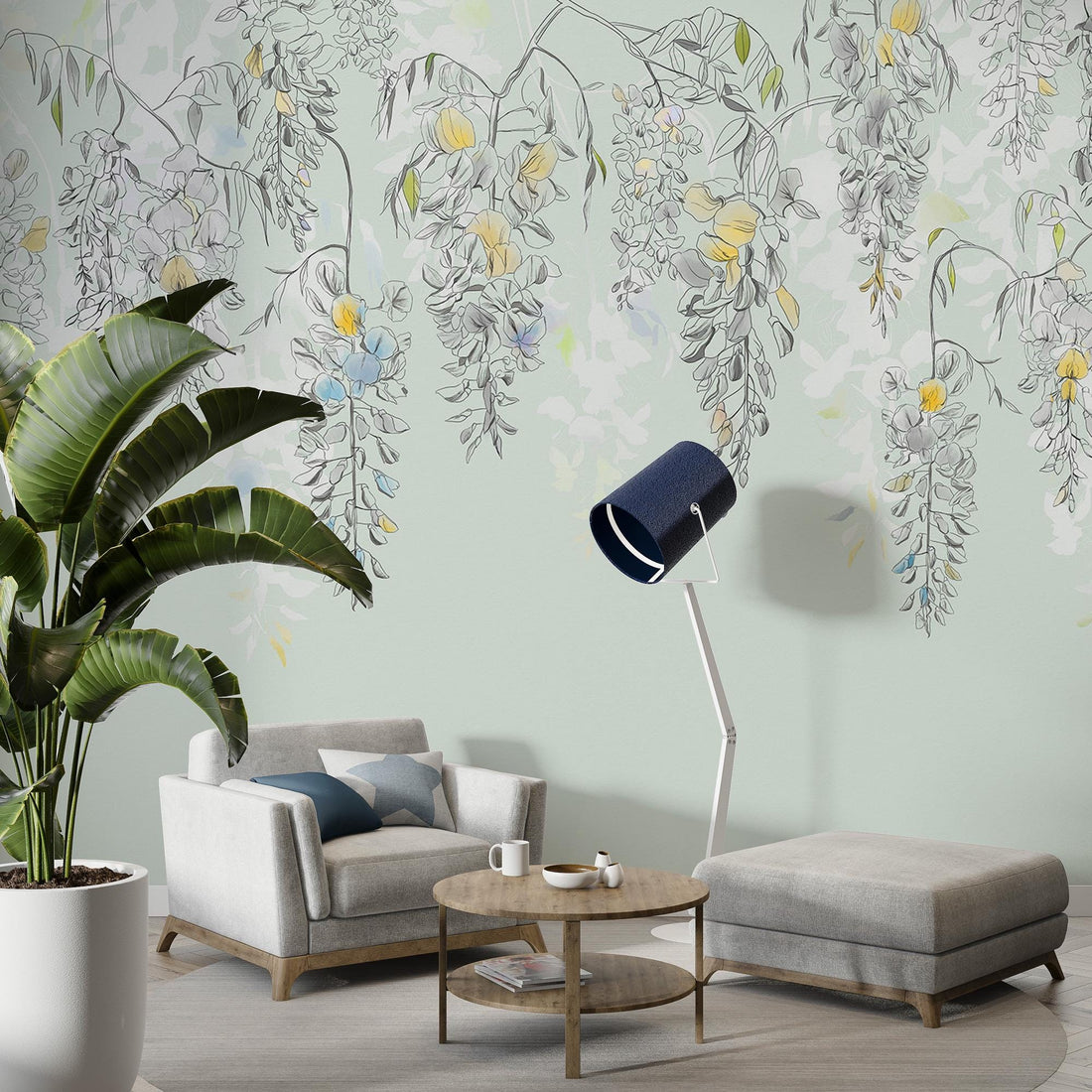 Vintage Floral Wallpaper, Flower Hanging From Above, Removable Peel and Stick Wallpaper, Green Leaf Wall Mural, Home Decor, Living Room