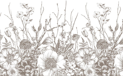 Wildflowers Pencil Drawing Wallpaper, Peel and Stick Mural, Removable Mural, Monochrome Meadow Flowers Wallpaper, Black and White Soft Mural