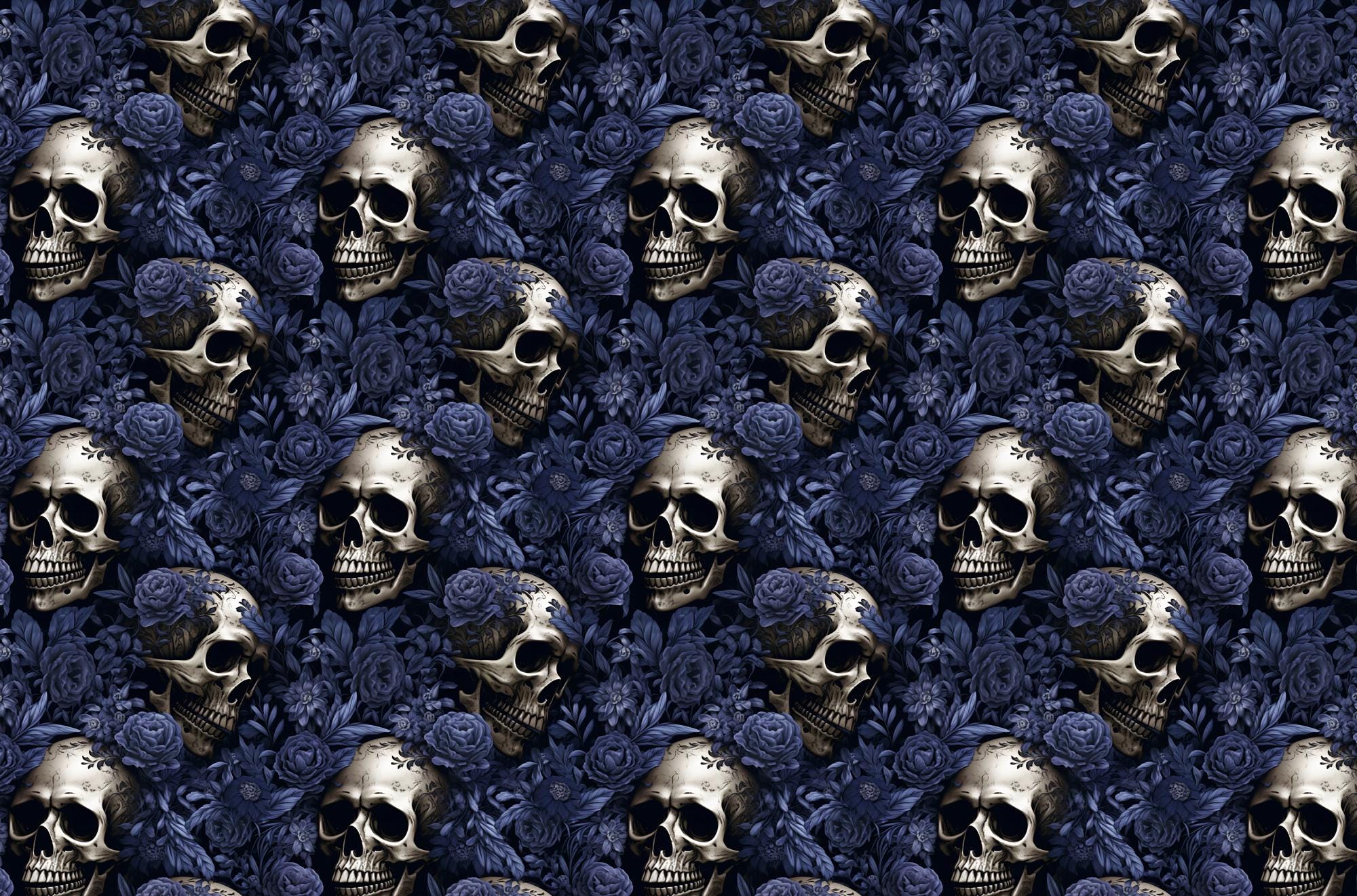 Dark Blue Floral With Skull Wallpaper, Gothic Wallpaper Peel and Stick, Peony Wall Mural, Skull and Flower Wallpaper, Skull Mural