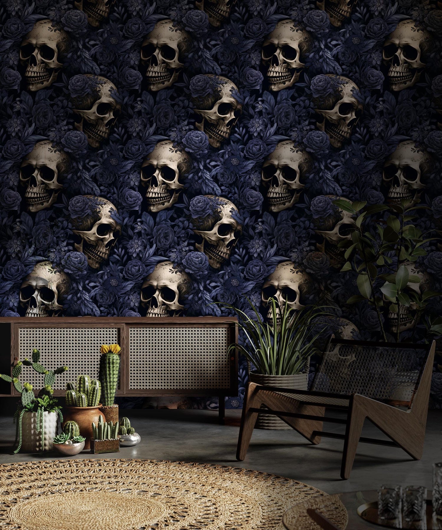 Dark Blue Floral With Skull Wallpaper, Gothic Wallpaper Peel and Stick, Peony Wall Mural, Skull and Flower Wallpaper, Skull Mural