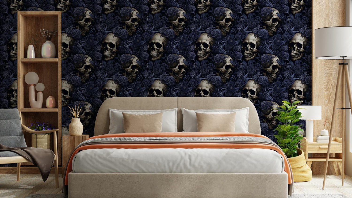 Dark Blue Floral With Skull Wallpaper, Gothic Wallpaper Peel and Stick, Peony Wall Mural, Skull and Flower Wallpaper, Skull Mural