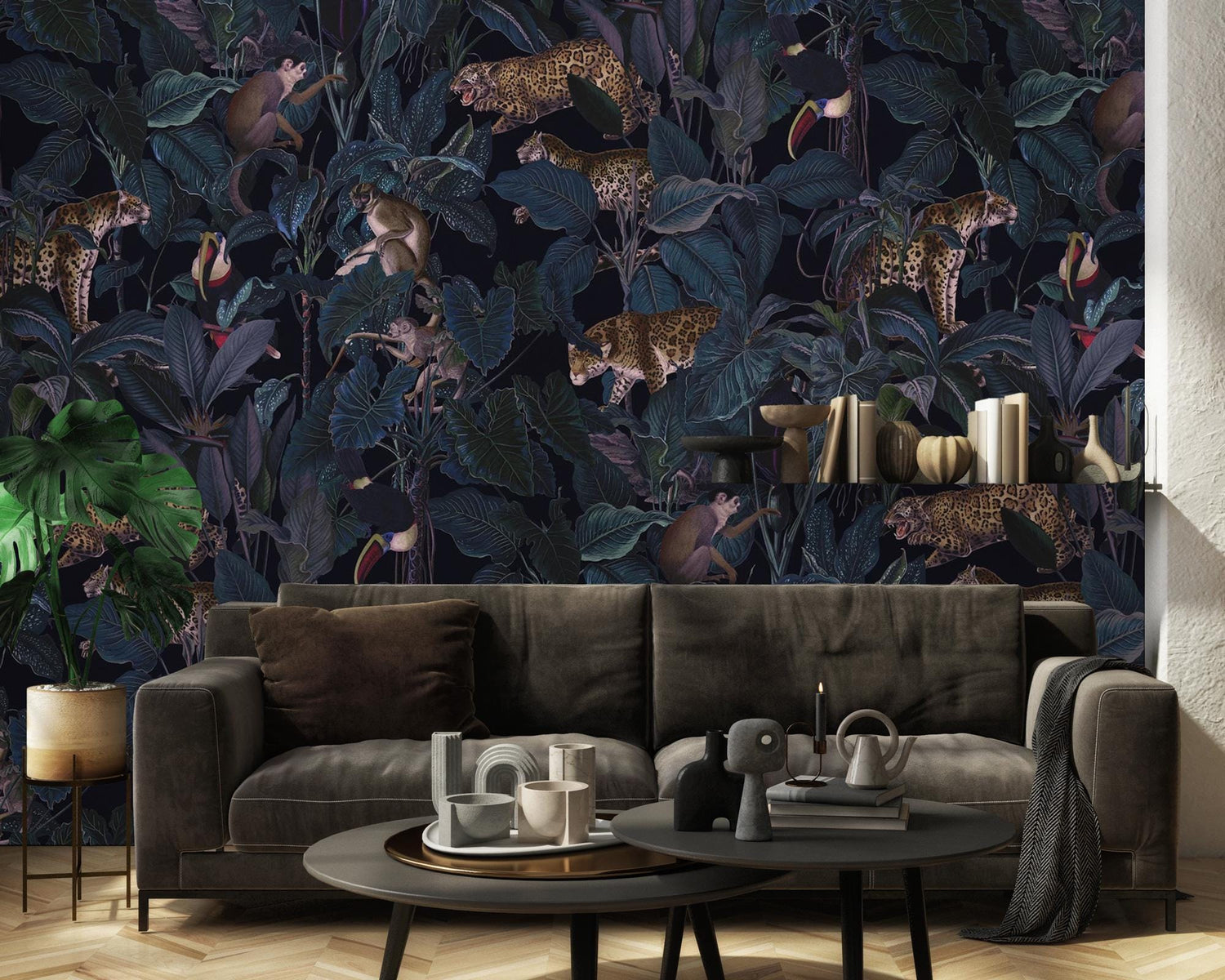 Dark Floral and Leopard Wallpaper, Black Botanical Tropical Wallpaper, Peel and Stick Wallpaper, Exotic Birds and Monkey Wall Mural