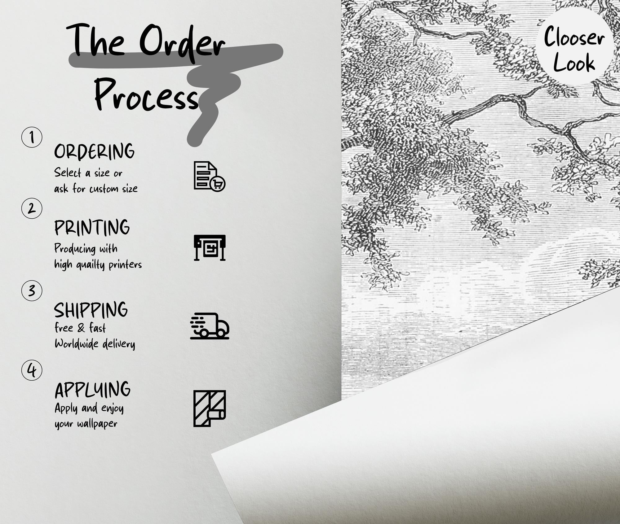 Vintage Forest Wallpaper Mural: Black and White Landscape, Trees (Peel and Stick) - View 5