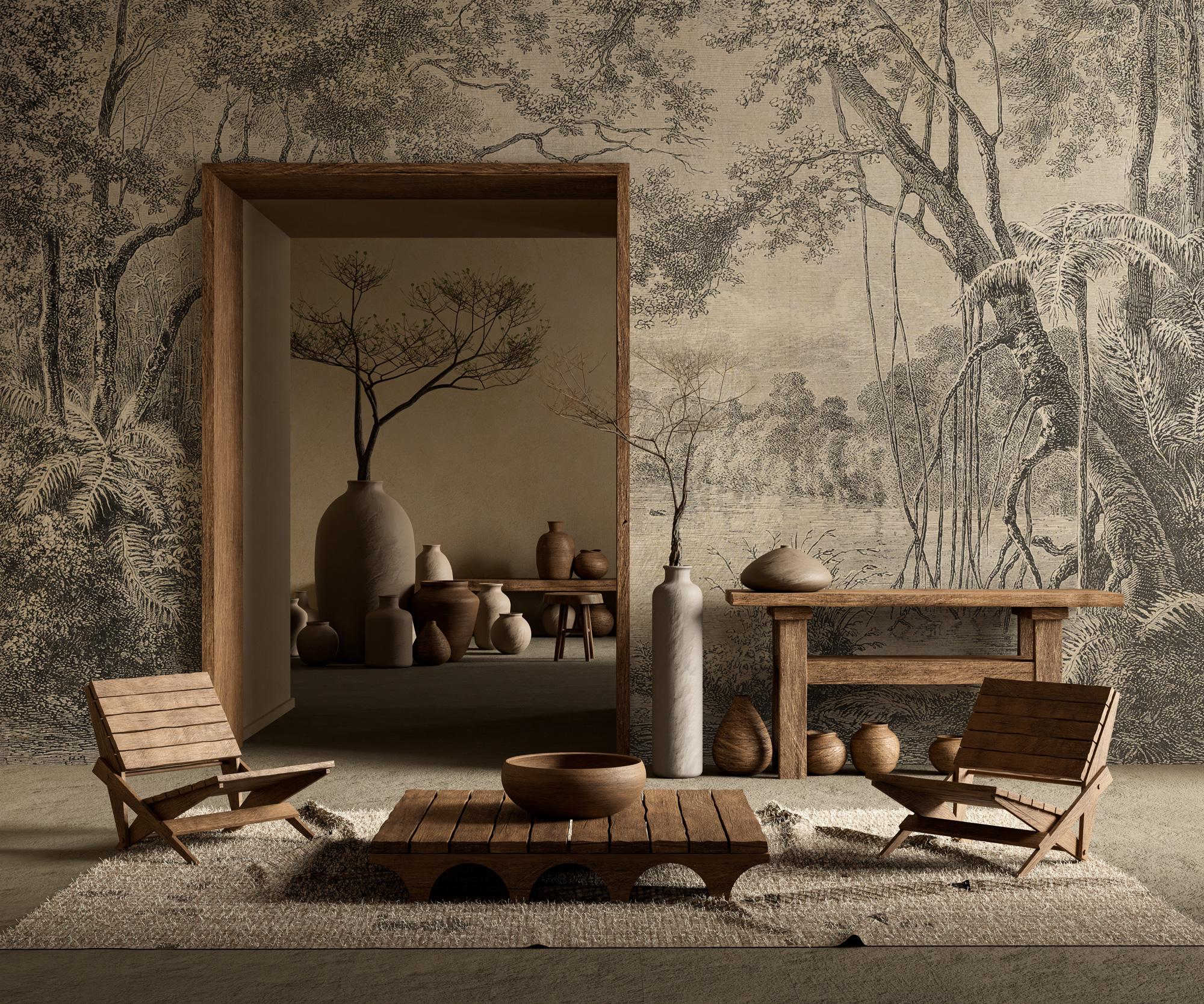 Vintage Forest Wallpaper Mural: Black and White Landscape, Trees (Peel and Stick) - View 4