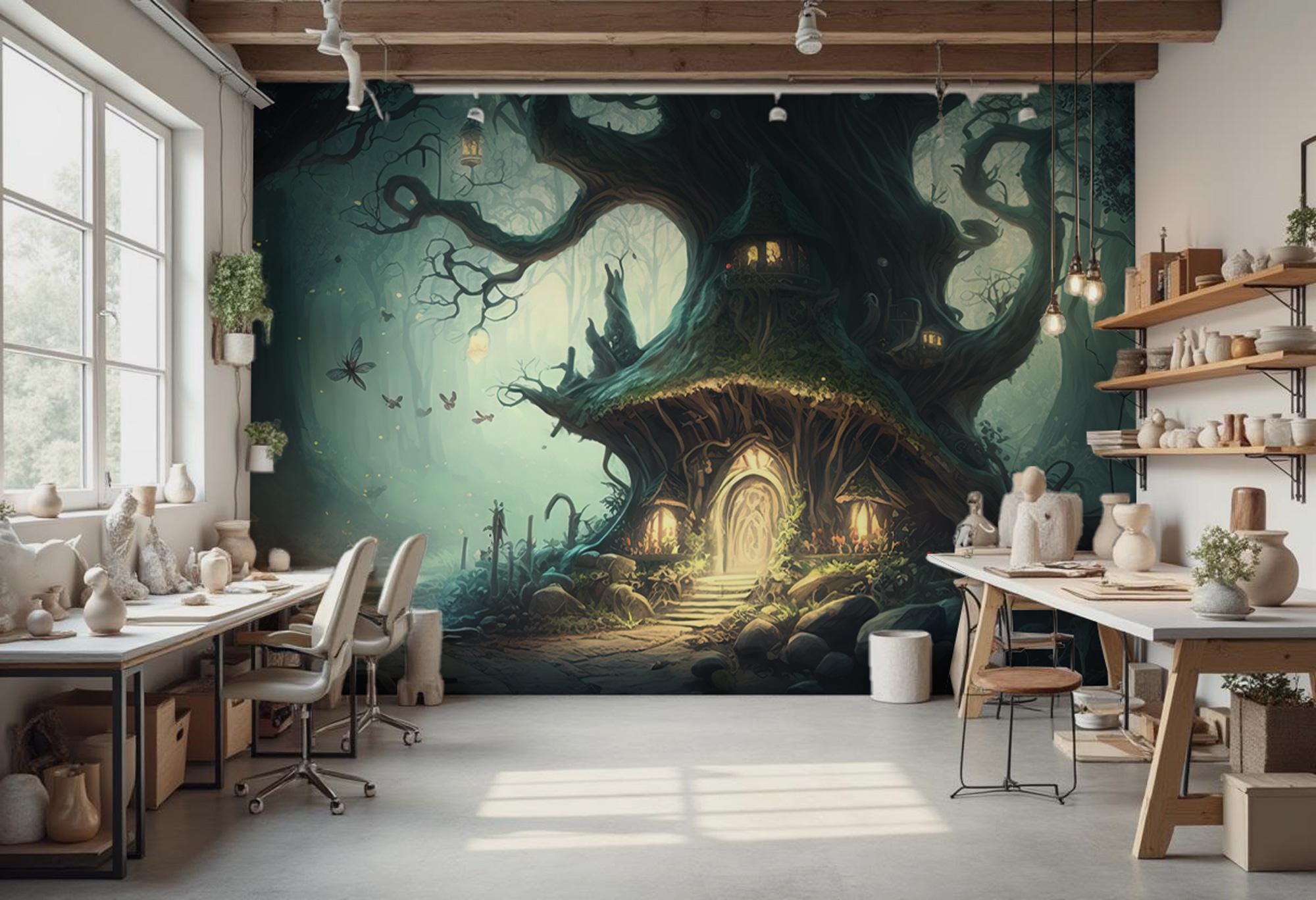 Magic Forest Kids Wallpaper: Fairy House Mural, Removable Self-Adhesive - View 2