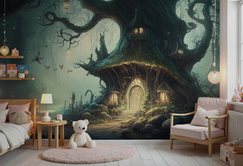 Magic Forest Kids Wallpaper: Fairy House Mural, Removable Self-Adhesive