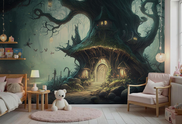 Magic Forest Kids Wallpaper: Fairy House Mural, Removable Self-Adhesive
