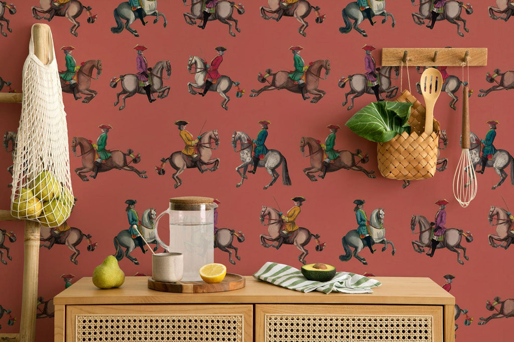 Red Cowboy Wallpaper: Equestrian Peel and Stick Wall Mural - View 2
