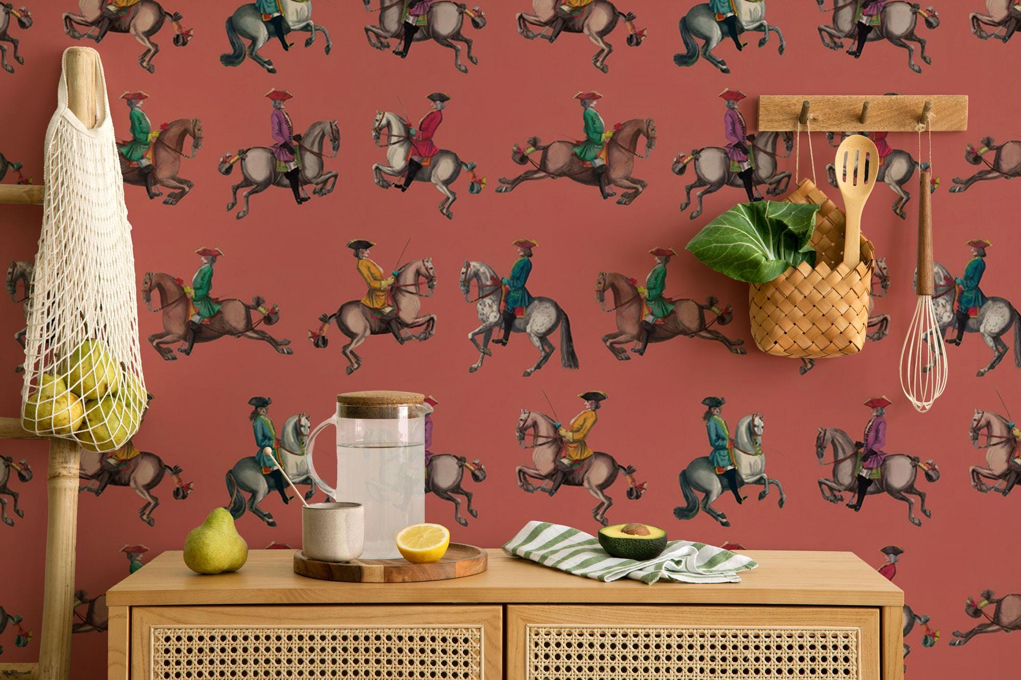 Red Cowboy Wallpaper: Equestrian Peel and Stick Wall Mural - View 2