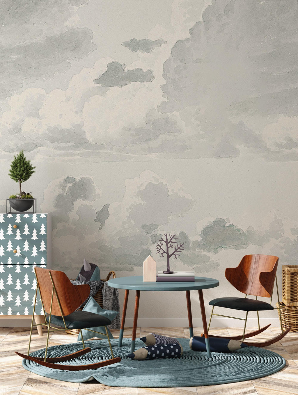 Gray Sky Clouds Peel and Stick Wall Mural: Minimalist Nursery Wallpaper - View 2