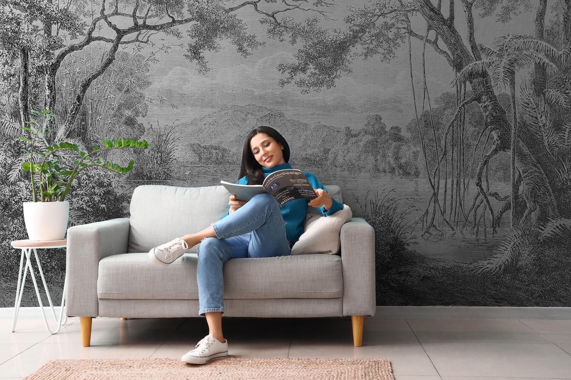 Vintage Forest Wallpaper Mural: Black and White Landscape, Trees (Peel and Stick) - View 2