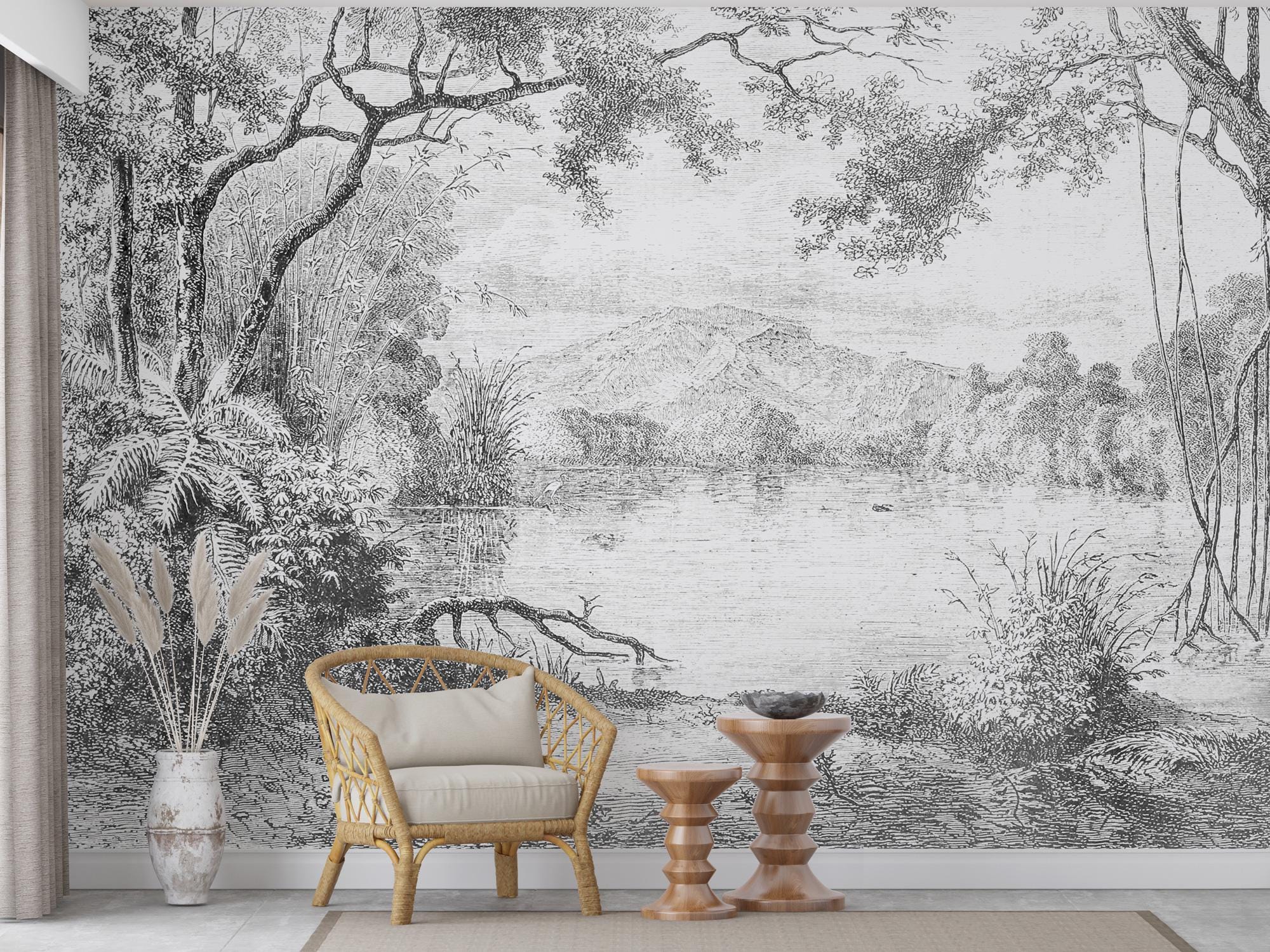 Vintage Forest Wallpaper Mural: Black and White Landscape, Trees (Peel and Stick)