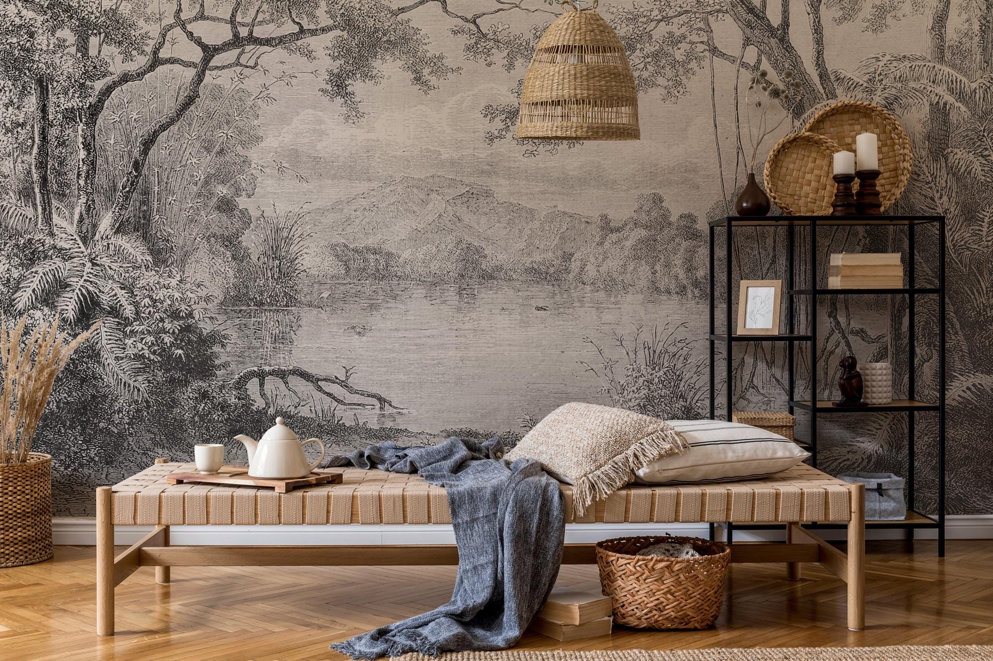 Vintage Forest Wallpaper Mural: Black and White Landscape, Trees (Peel and Stick) - View 3