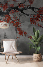 Red Floral Vines Wallpaper: Romantic Illustration, Peel & Stick Wall Mural - View 4