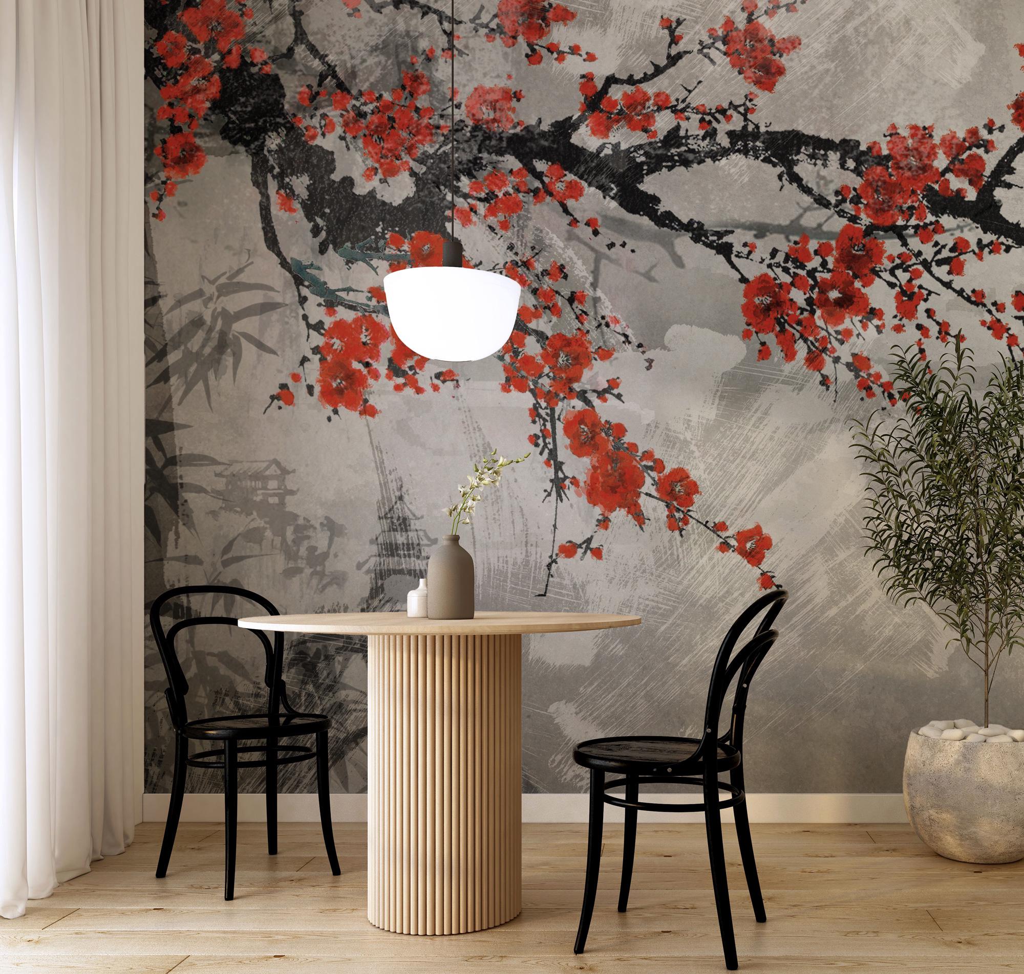 Red Floral Vines Wallpaper: Romantic Illustration, Peel & Stick Wall Mural